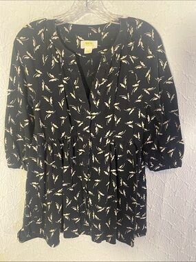 Maeve Anthropologie Black Tunic with Cream Leaf Print Flattering Fit Bohemian